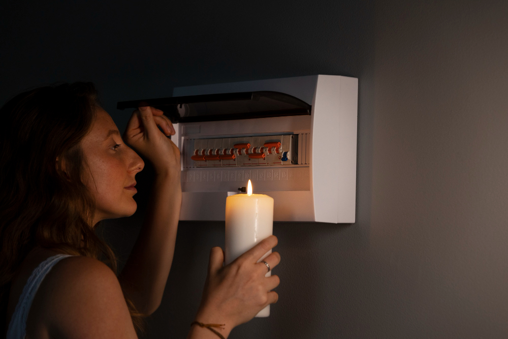 mulher no escuro segurando uma vela ao analisar seu painel elétrico enquanto passa por uma situação de falta de energia por não saber seus direitos do consumidor de energia elétrica